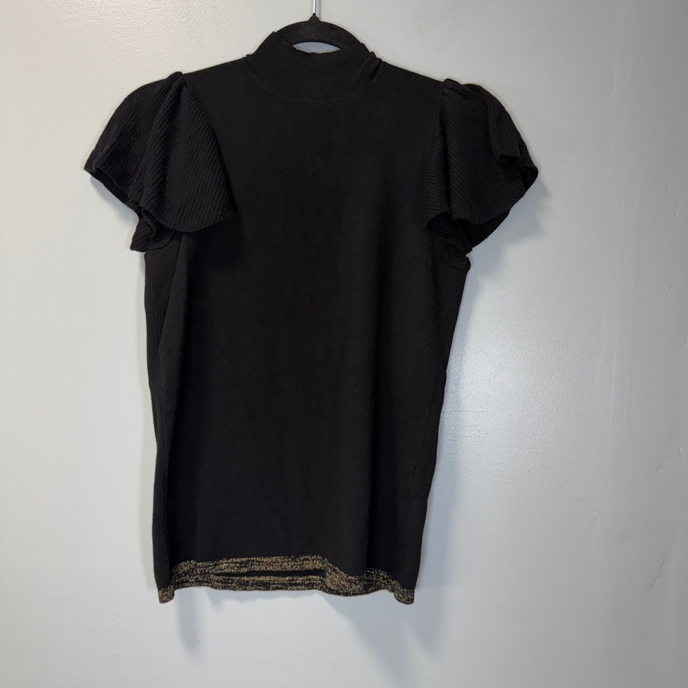Nine West Womens Mock Neck Flutter Sleeve Knit Top Black Gold L